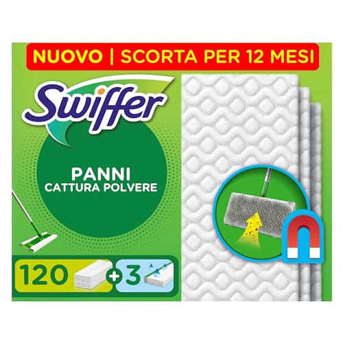 Swiffer 120 Panni Catturapolvere E Sporco, Microfibra Dry E 3 Panni Lavapavimenti, Ottimo Per Tutti I Tipi Di Pavimenti E Per I Peli Di Animali, Maxi