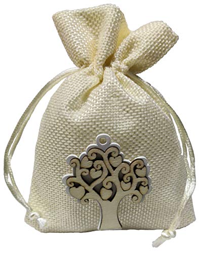Puntocasastore 10 X Sacchetto Portaconfetti Avorio 10X13 Cm Con Legnetto Albero Della Vita 5X4 Cm Comunione