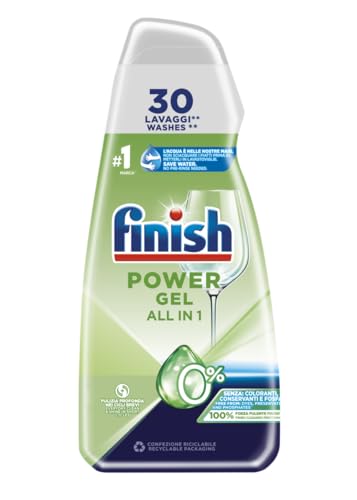 Finish Powergel Detersivo Lavastoviglie 0%, Gel Lavastoviglie, 30 Lavaggi Di Liquido Lavastoviglie Contro Lo Sporco Ostinato