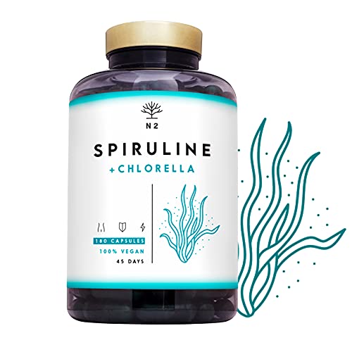 N2 Natural Nutrition Alga Spirulina Chlorella|Compresse Integratore |Difese Immunitarie Antiossidanti|Ferro, Proteine Vegane, Clorofilla|2244 Mg Alghe