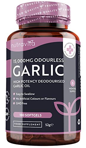 Nutravita Aglio Inodore In Capsule 15.000Mg – 180 Softgels Altodosaggio – Fornitura Di 6 Mesi – Estratto Di Olio Di Aglio Puro Ad Alta Qualità Deodori