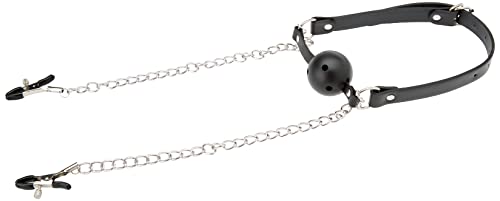 Shots Ouch! Black & White - Breathable Ball Gag With Nipple Clamps