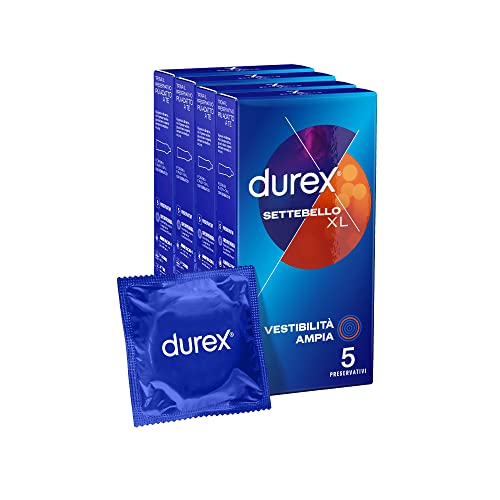 Durex Settebello Xl (57 Mm), Forma Serbatoio Easy-On, 4 Confezioni, 20 Profilattici, Vestibilità Ampia