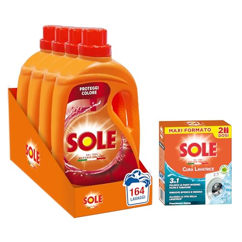 Kit Sole, Detersivo Lavatrice Liquido Proteggi Colore 164 Lavaggi (4X41) + 1 Confezione Di Cura Lavatrice Classico, Contro Sporco E Cattivi Odori (250