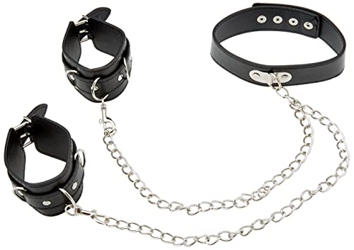 Shots Ouch! Black & White - Bonded Leather Collar With Hand Cuffs With Adjustable Straps And Chain