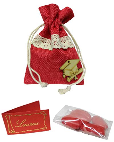Puntocasastore 10 Pz Sacchetto Portaconfetti Laurea 10X13 Cm Rosso Con Tocco Bomboniere (Con Confetti E Bigliettino)