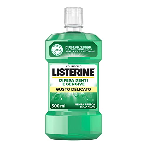 Listerine, Collutorio, Difesa Denti E Gengive, Gusto Delicato, Zero Alcol, Tripla Azione, Denti Più Forti, Gengive Più Sane, Menta Delicata, 500Ml