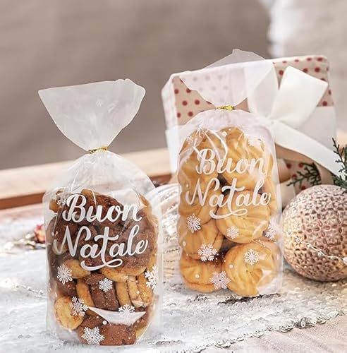 100Pz Sacchetti Cellophane Plastica Per Regalo Di Natale, Trasparenti, Fiocco Di Neve, Scritte Buon Natale, Decorazione Natalizie Per Confetti Biscott