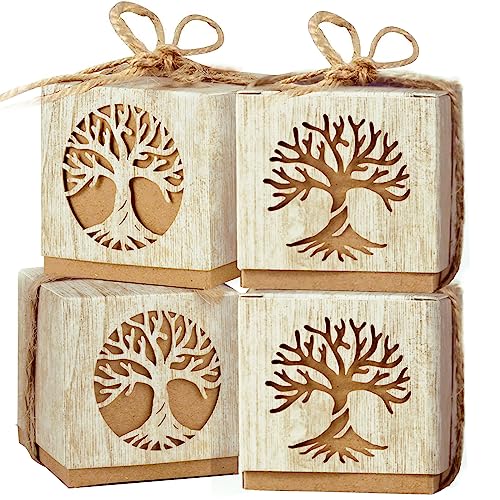 50Pz Scatoline Portaconfetti Bomboniere Albero Della Vita Scatole Comunione Matrimonio Cresima Carta Regalo Bambini Con Corda Iuta Decorazione Confett