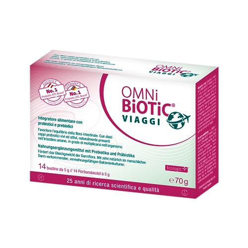 Omni Biotic Viaggi | Polvere | Con 10 Ceppi Probiotici | Vegano | Senza Ogm | 14 Bustine Da 5 G
