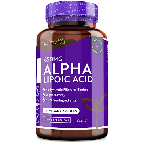 Nutravita Acido Alfa Lipoico 650 Mg – 120 Capsule Ad Alto Dosaggio - Adatte A Un’Alimentazione Vegana – Naturali Al 100% Senza Leganti O Riempitivi Si