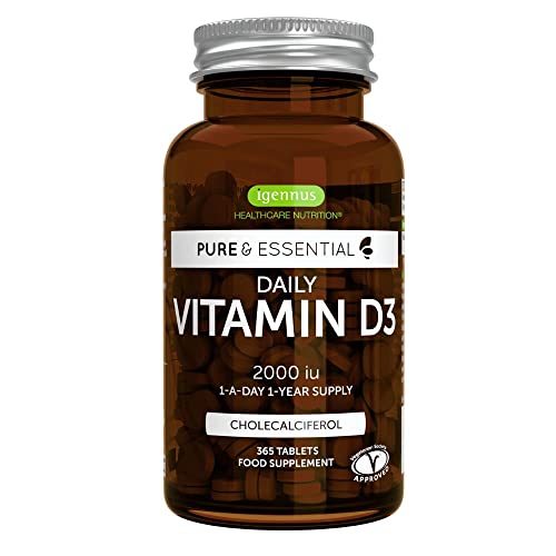 Vitamina D3 Quotidiana Ad Alto Dosaggio 2000 Ui, Fornitura Per 1 Anno, Supporta Ossa, Denti, Muscoli E Difese Immunitarie, 365 Compresse. Igennus