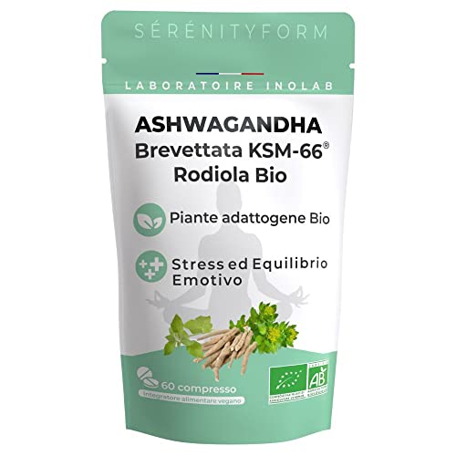 Inolab Ashwagandha Bio Ksm-66® & Rodiola Rosea Bio | Antistress - Sonno - Equilibrio Emozionale - Apprendimento | 2 Piante Adattogene | Serenityform