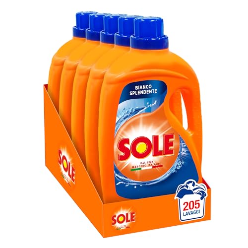 Sole Detersivo Lavatrice Bianco Splendente 205 Lavaggi, (5X41), Formula Igienizzante, Detersivo Lavatrice Liquido Bianco Splendente, Rimuove Le Macchi