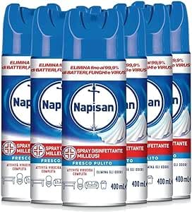 Napisan Spray Disinfettante Milleusi, Disinfettante Spray Per Tessuti E Superfici, Fragranza Fresco Pulito, 6 Spray Da 400Ml