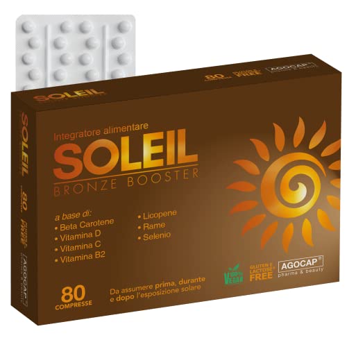 Integratore Soleil | 80 Compresse Con Betacarotene, Rame, Selenio, Licopene, Vitamine C, D, E, B. Attivatore Abbronzatura Prepara, Accelera E Mantiene