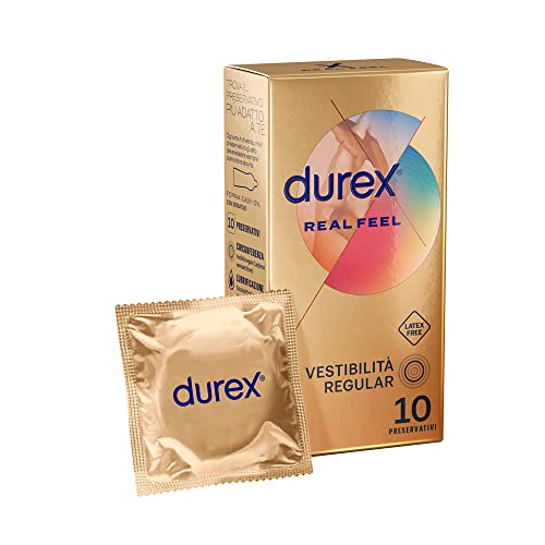 Durex Real Feel Preservativi Senza Lattice, Sensazione Naturale Di Contatto Sulla Pelle, 10 Profilattici