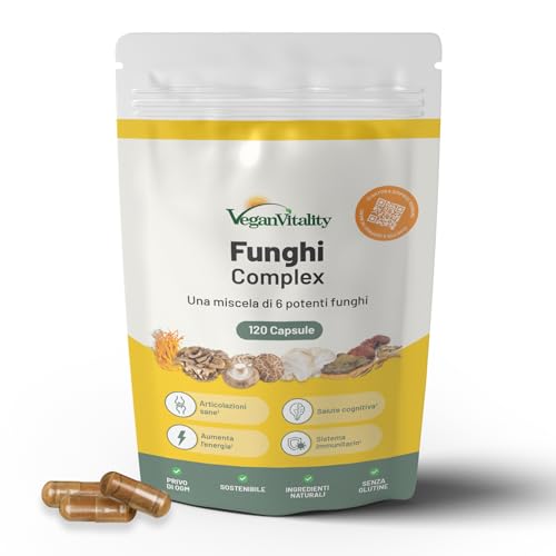 Vegan Vitality Integratore Di 6 Funghi: Reishi, Lions Mane, Cordyceps, Chaga, Shiitake E Maitake - 120 Capsule Da 500Mg – Formula Concentrata