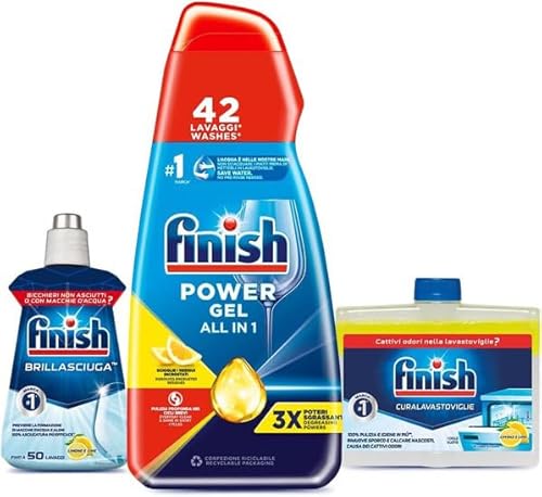 Finish Kit Lavastoviglie; Finish Powergel Detersivo Liquido Lavastoviglie Lemon 42 Lavaggi, Brillantante Lemon 250Ml, Curalavastoviglie Lemon 250Ml