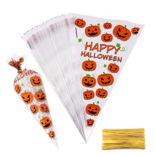 Miahart 100 Conti Sacchetti Di Cellophane Cono Sacchetti Di Buon Halloween Sacchetti Di Caramelle A Motivo Zucca Con 100 Pezzi Cravatte Dorate Per Bom