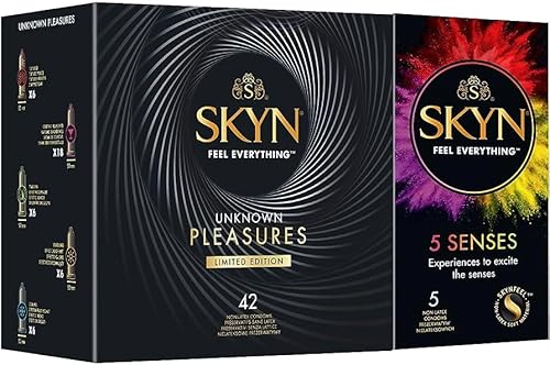 Skyn Unknown Pleasures (42 Pezzi) & 5 Senses (5 Pezzi) | Preservativi Senza Lattice Skynfeel, Real Feeling, Brufoli, Sapore Daiquiri, Gel Riscaldante