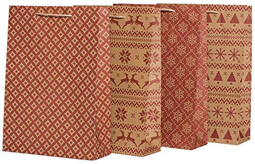 100% Mosel Sacchetti Regalo Natale, In Marroncino/Rosso, 12 Pezzi (25 X 34 X 8 Cm), Sacchetto Natalizio In Carta Kraft, Sacchetto Regalo In Stile Scan