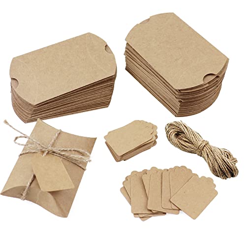 Dagord 50 Pz Scatoline Cuscino Confetti + 50 Pz Etichette + 20M Spago Scatole Portaconfetti Carta Kraft Per Matrimonio Compleanno Festa - Marrone