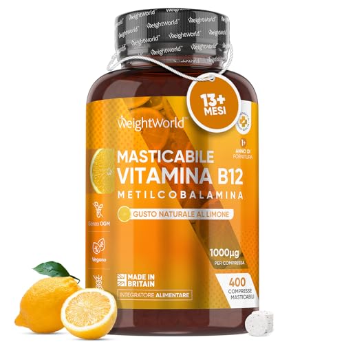 Vitamina B12 Masticabile 1000 Mcg, Metilcobalamina 400 Compresse Vegan Per 13+ Mesi, Vitamina B12 Sublinguale Al Gusto Limone, Vitamina B Per La Norma