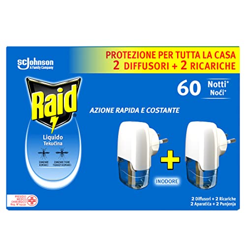Raid Liquido Elettrico Antizanzare Comuni E Tigre, Inodore, Formato Convenienza, Confezione Da 2 Diffusori E 2 Ricariche, 60 Notti