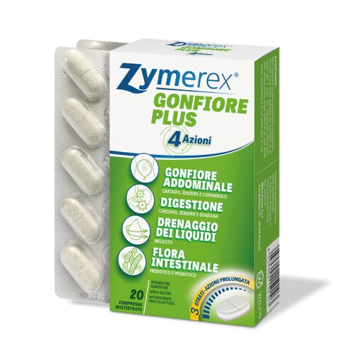 Zymerex Gonfiore Plus 4 Azioni 20 Compresse | Integratore Alimentare | Probiotici, Prebiotici | Gonfiore Addominale | Formazione Dei Gas | Equilibrio 