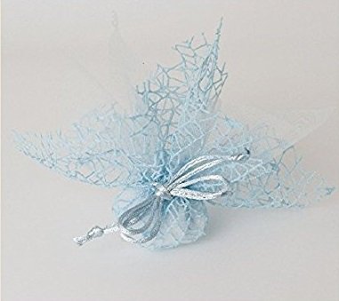 Confezione 30 Pezzi Bomboniera Sacchettino Polycotton Rete + Velo Organza + Nastro Autotirante, Portaconfetti Sacchetti A Rete Colore Azzurro Themagic