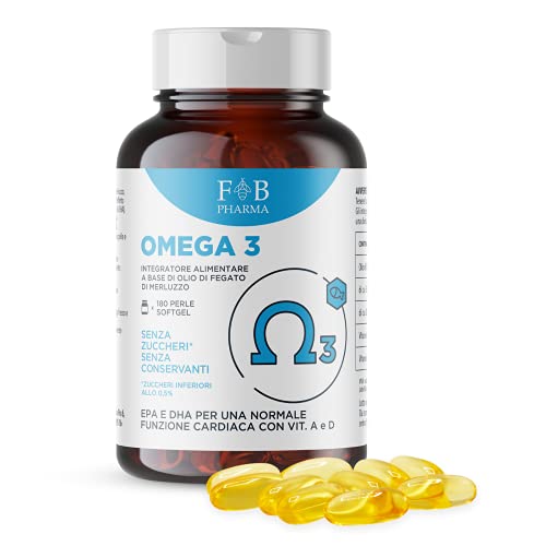 Fb Pharma - Integratore Di Omega 3 1000Mg - Olio Di Pesce 180 Perle In Soft Gel – Vitamina A E Vitamina D – Contribuisce Al Mantenimento Di Ossa, Dent