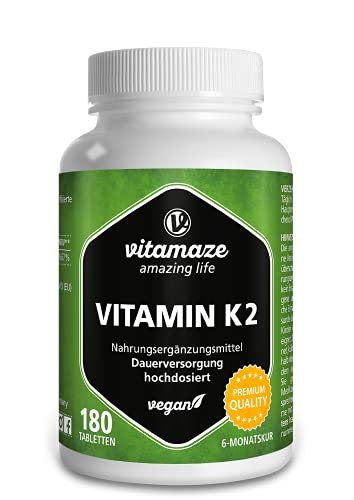 Vitamaze® Vitamina K2 Mk-7 Alto Dosaggio Menachinone, 180 Compresse Vegan, Qualità Tedesca, Naturale Integratore Alimentare Senza Additivi Non Necessa