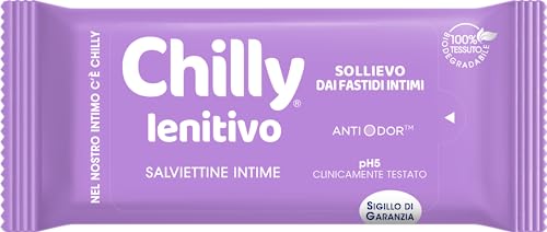 Chilly Salviettine Lenitivo, Salviette Per L'Igiene Intima, Tessuto 100 % Biodegradabile, Ottimali Fuori Casa, Clinicamente Testato, Confezione Da 12