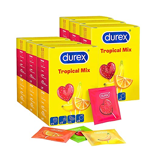 Durex Tropical 144 Preservativi, Profilattici Aromatizzati Alla Frutta (Banana, Mela, Fragola E Arancia), Maxi Formato, 6 Confezioni Da 24 Profilattic