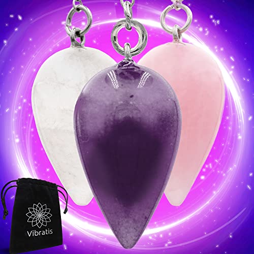 Pendolos Divinazione X3 - Pack 3 Pendolos Goccia D'Acqua: Ametista, Quarzo Rosa & Cristallo Di Rocca