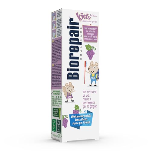 Biorepair, Dentifricio Kids 0-6 Anni Uva, Dentifricio Per Bambini Senza Fluoro Gusto Uva, Anticarie, Per Gengive Sane, Formato 50 Ml