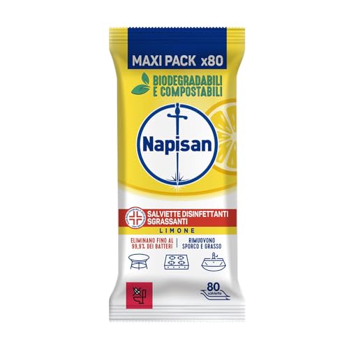 Napisan Salviette Disinfettanti Sgrassanti Al Limone, Confezione Da 80 Salviette Disinfettanti Biodegradabili E Compostabili Multisuperfici