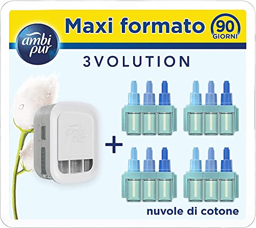 Ambi Pur 3Volution Profumatore Per Ambienti, 1 Diffusore Elettrico Ambiente E 4 Ricariche, Fragranza Nuvole Di Cotone, Teconologia Elimina Odori, Fino