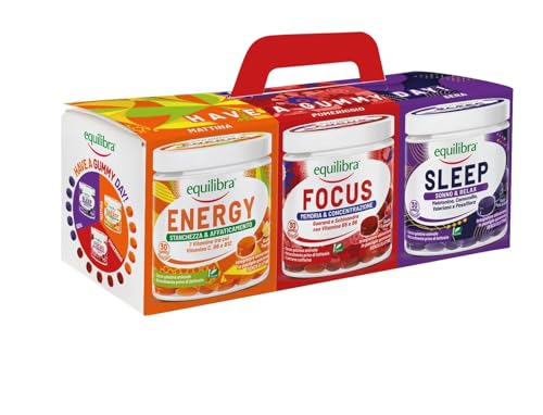 Equilibra Integratori Alimentari, Cofanetto Gummies, Integratore In Pastiglie Gommose, Energy Gusto Tropical, Focus Gusto Lampone, Sleep Gusto Frutti