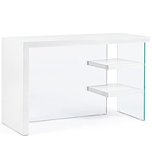 Yellow Shop - Wood Scrivania Design Moderno Per Ufficio Studio In Mdf E Vetro Temperato 10 Mm 2 Mensole L120 X P50 X H76 Cm Bianco O Legno/Nero (Bianc