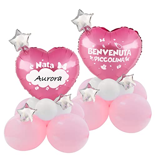 Palloncini Centrotavolo Nascita Battesimo Bambina Scritta Benvenuta Piccolina Rosa Doppia Faccia Scrivibile Decorazione Tavolo Festa Bomboniere Confet