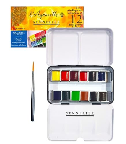 Sennelier Extra-Fine Acquarello 1/2 Godet Pz 12, Realizzata In Francia E Da Vinci Xs Pennello Sintetico Da Viaggio (Sennelier France)