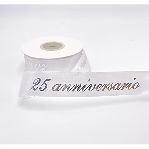 Bomboniere Nastro Doppio Raso Scritta Argento 25 Anniversario 25 Mm X 25 Metri