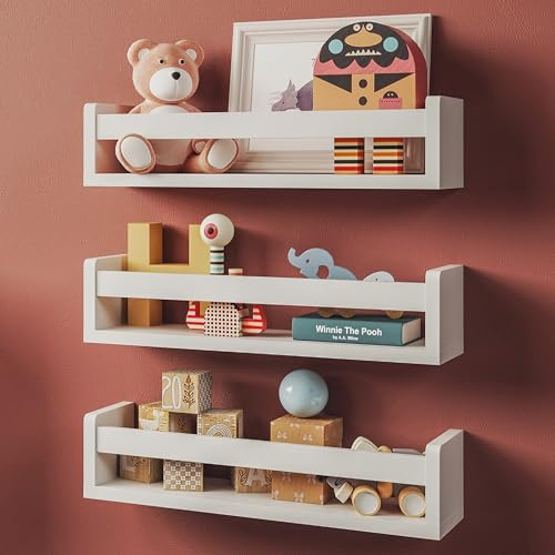 Nature Supplies Set 3 Mensole Da Parete In Legno Massello Bianco - Camera Bambini - Ideali Per Libri E Giocattoli
