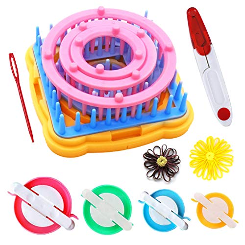 Knewmart Telaio Del Fiore Kit Per Realizzare Fiori Diverse, Kit Per Telaio Per Maglieria Rotondo/Quadrato - Con Ago (Telaio Per Fiori + Pom Maker + Fo