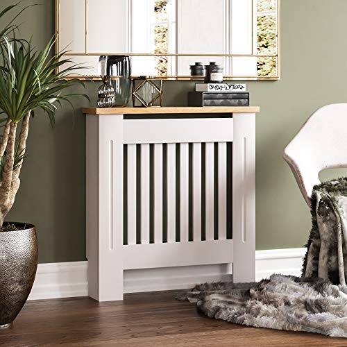 Vida Designs Arlington Copertura Per Termosifone In Mdf Laccato, Con Doghe, Grill, Ripiano Superiore In Legno, Piccolo, Bianco, Small