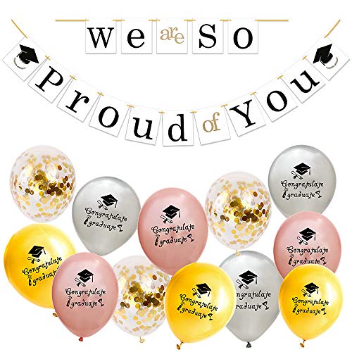 Feelairy Festa Di Laurea Decorazione Nero E Bianco - We Are So Proud Of You Bandierine Con 12 Pezzi Di Palloncini Di Laurea Palloncini In Lattice, Dec