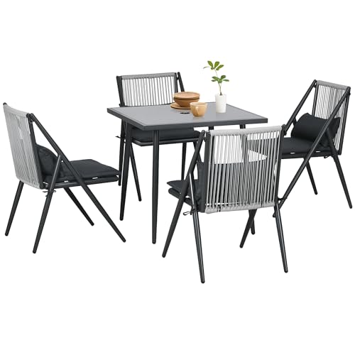 Outsunny Set Da Giardino Da 5 Pezzi, Set Da Esterno Con 4 Sedie Da Giardino Con Cuscini E Tavolo Da Pranzo Quadrato In Vetro, Grigio Scuro