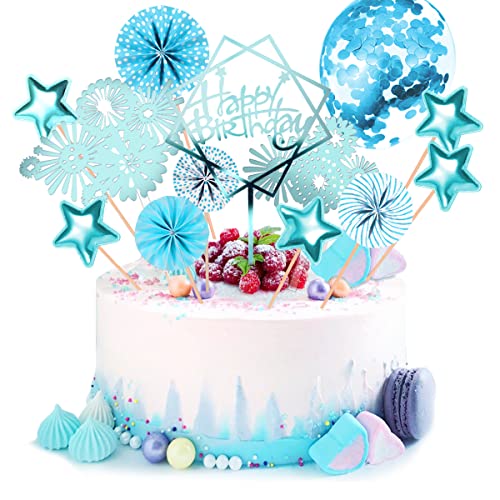 Blu Happy Birthday Decorazioni Torta Compleanno 13 Pezzi Topper Torta Buon Compleanno Con Stella Ventilatori Di Carta Coriandoli Palloncino Per Ragazz